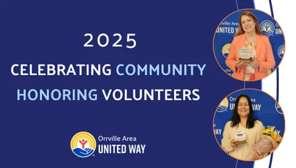 Blue background with Celebrating Community Honoring Volunteers title and two pictures of the 2025 volunteer award recipients