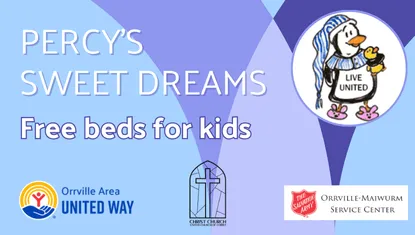 Pastel blue and purple background with Percy's Sweet Dreams title, penguin in sleeping hat and pjs, and logos of partnership wit Orrville Area United Way, Christ United Church of Christ, and Salvation Army Orrville